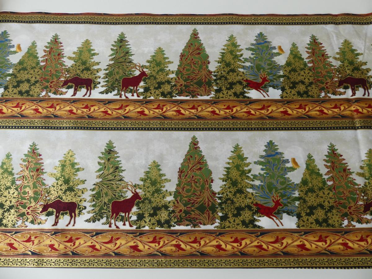 Patchworkstoff Bordüre Winterwald Hirsche weiß mit gold Detailansícht